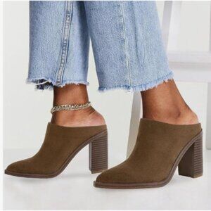 FOWT Tan Pointed Toe Slip On Mules Stacked Block High Heel Sandal Proms Shoes